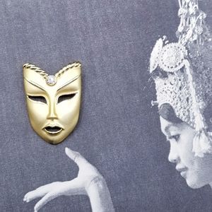 Vintage Gold tone rhinestone mask brooch